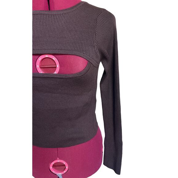 Lucca Women’s Size Medium Brown Chella Ribbed Sweater Peek A Boo Cutout Top - Picture 3 of 7
